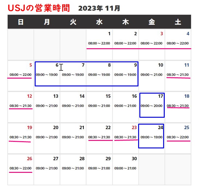 USJ2023年11月営業時間